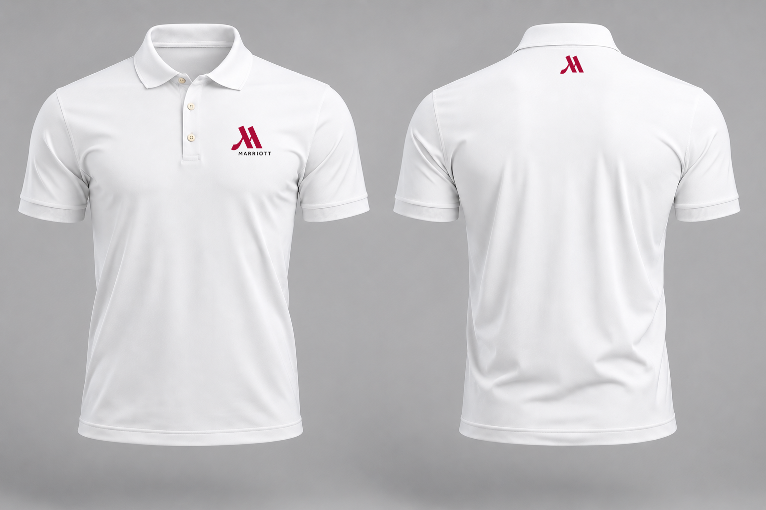 Marriott White Performance Polo — front and back mockup
