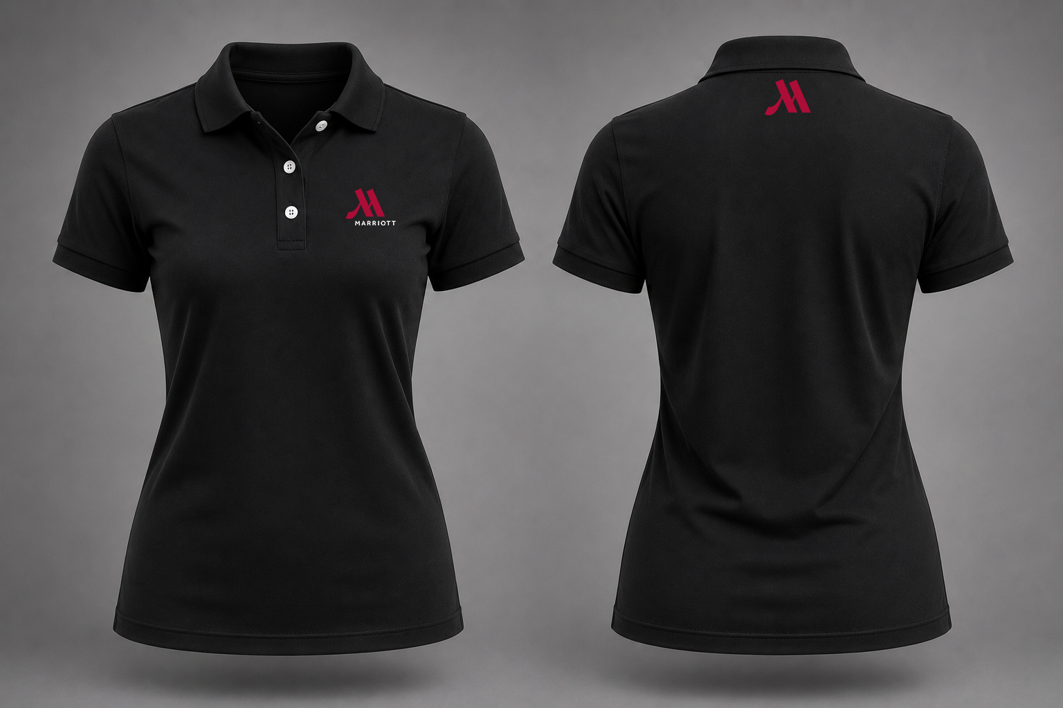 Marriott Black Performance Polo — Women's Fit — front and back mockup