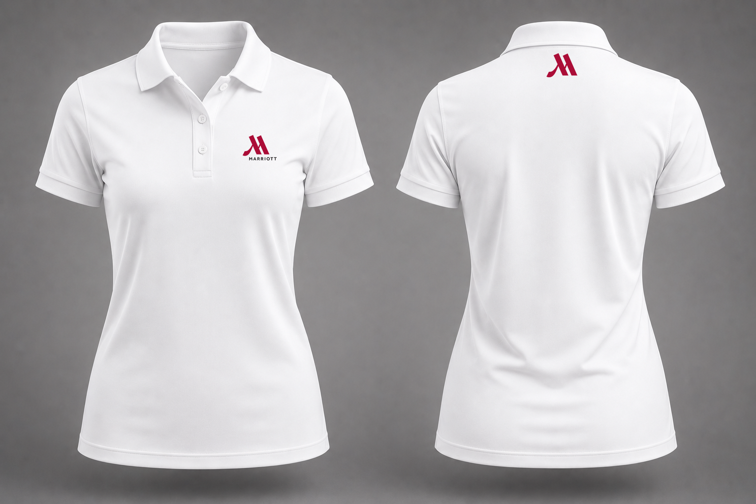 Marriott White Performance Polo — Women's Fit — front and back mockup
